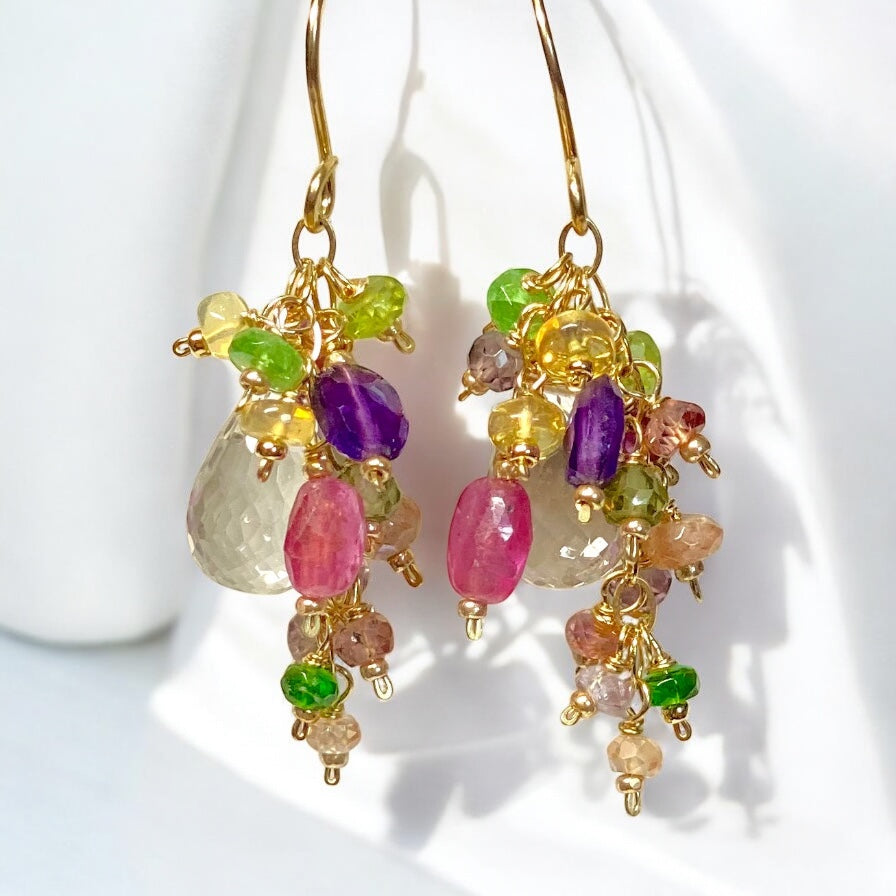 Crystal Quartz Dangle Earrings with Multi Gemstone Cluster in Gold Fill, 12