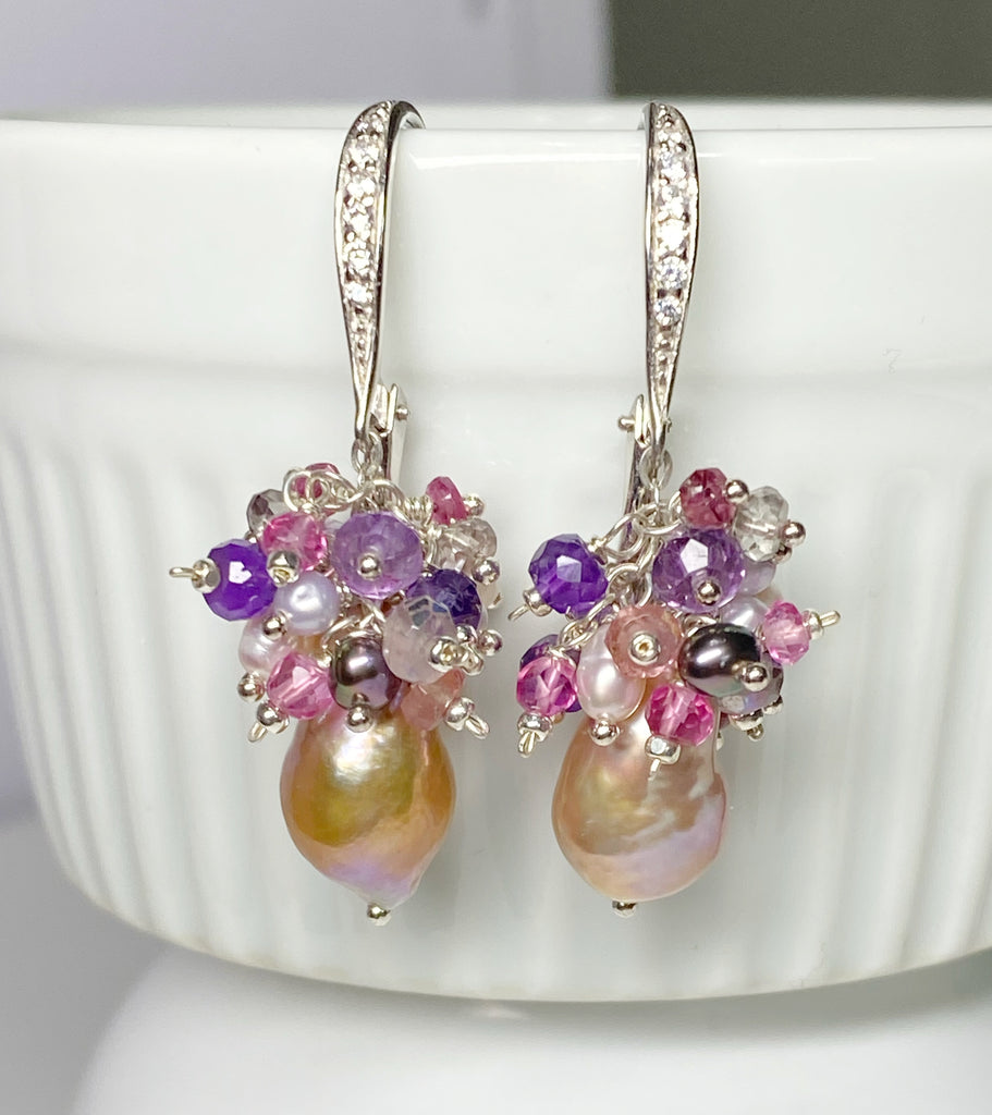 Baroque Pearl Amethyst Cluster Earrings Sterling SIlver