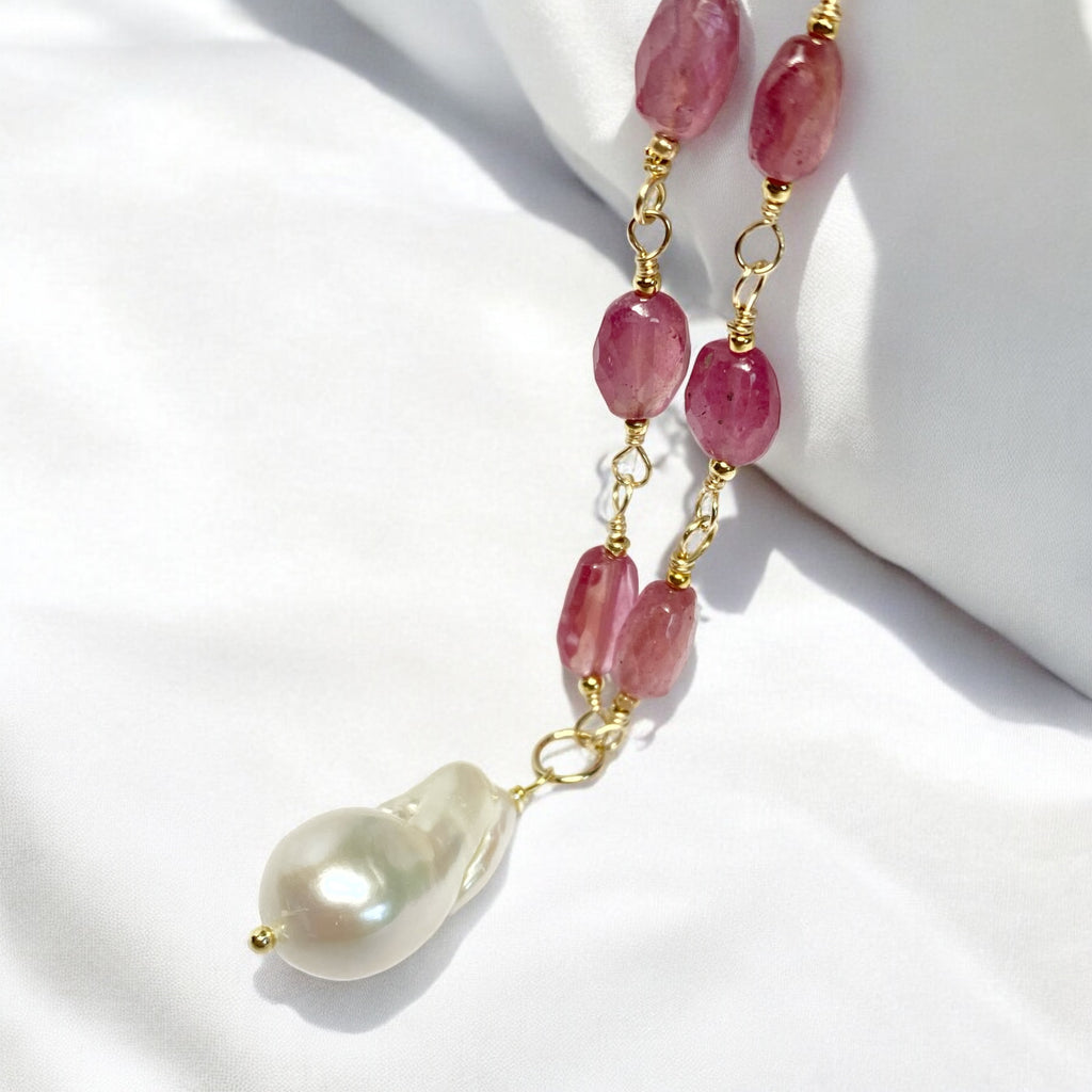 Pink Sapphire Gemstone and Pearl Pendant Necklace, Rosary Style, 14 kt Gold Fill