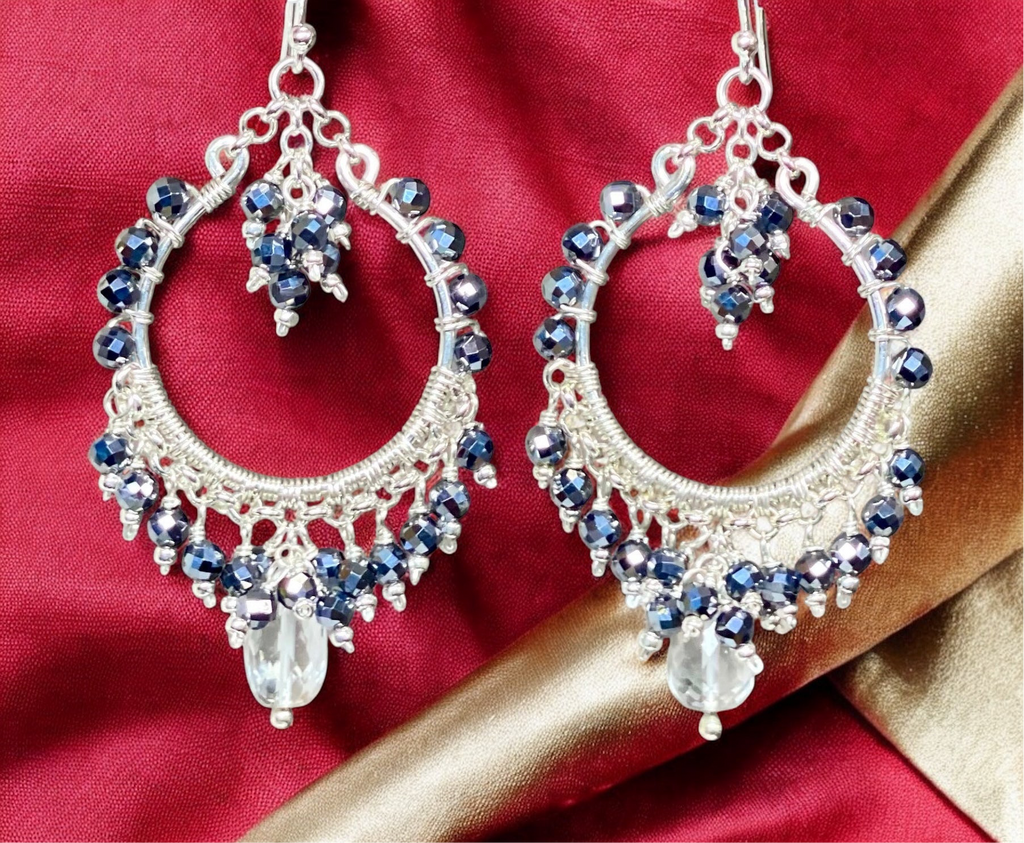 Black Gemstone Chandelier Hoop Earrings Sterling Silver 2