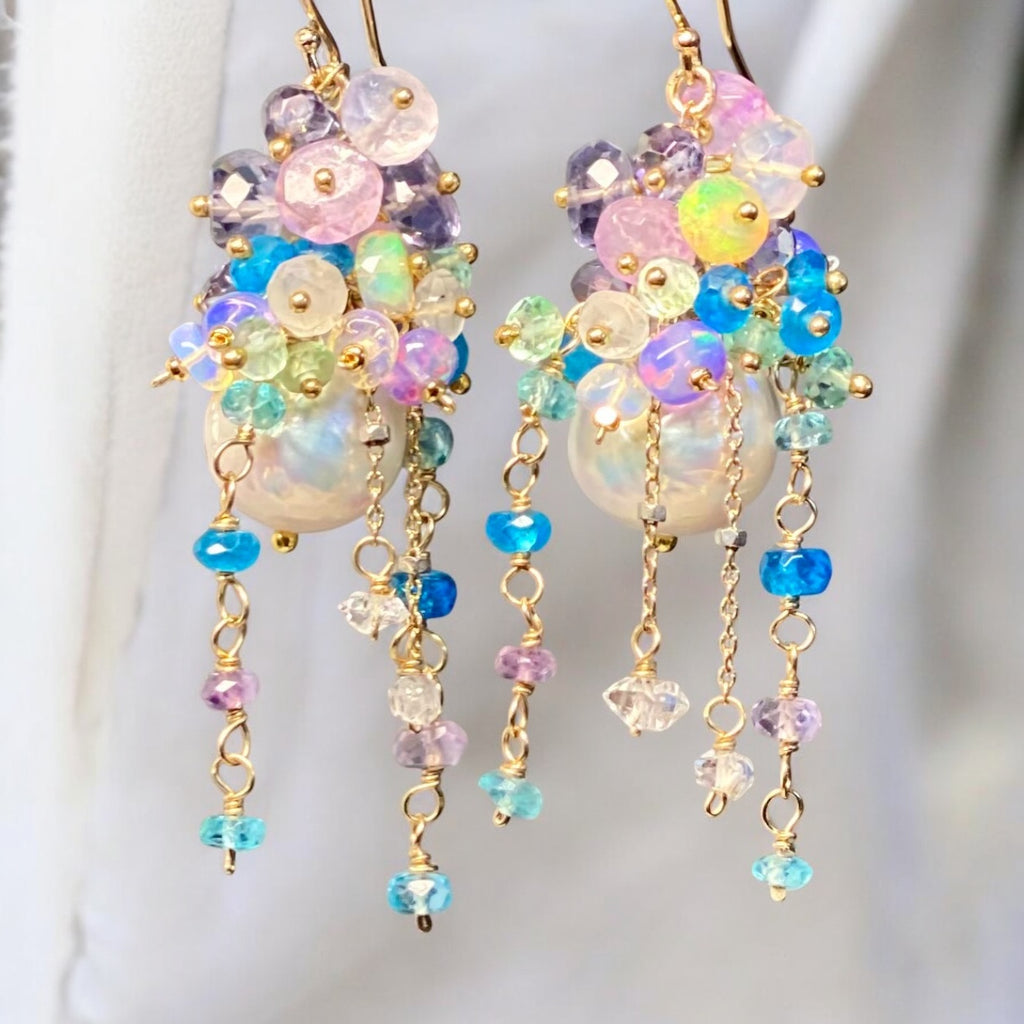 Edison Pearl Barque Cluster Earrings Gold Fill, Lavender, Blue, Aqua Green