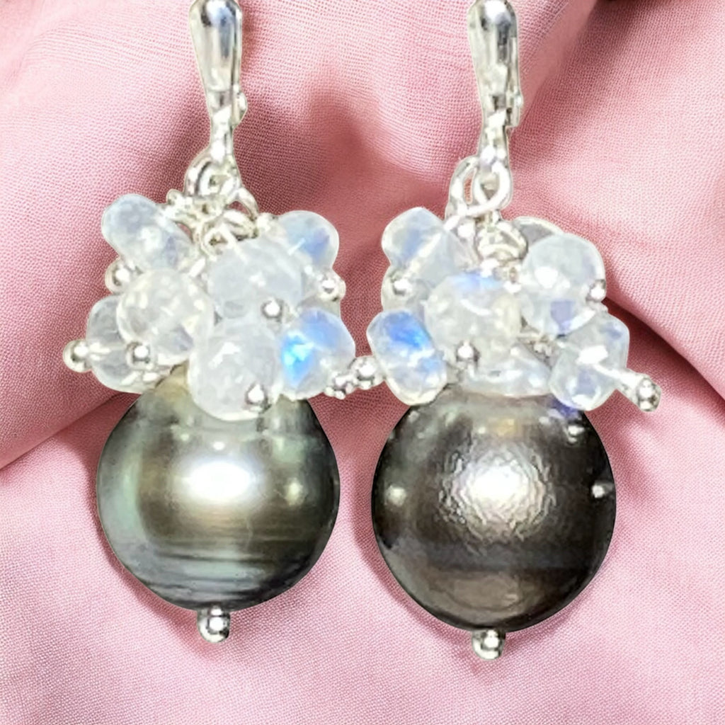 Tahitian Pearl Moonstone Cluster Earrings Sterling Silver