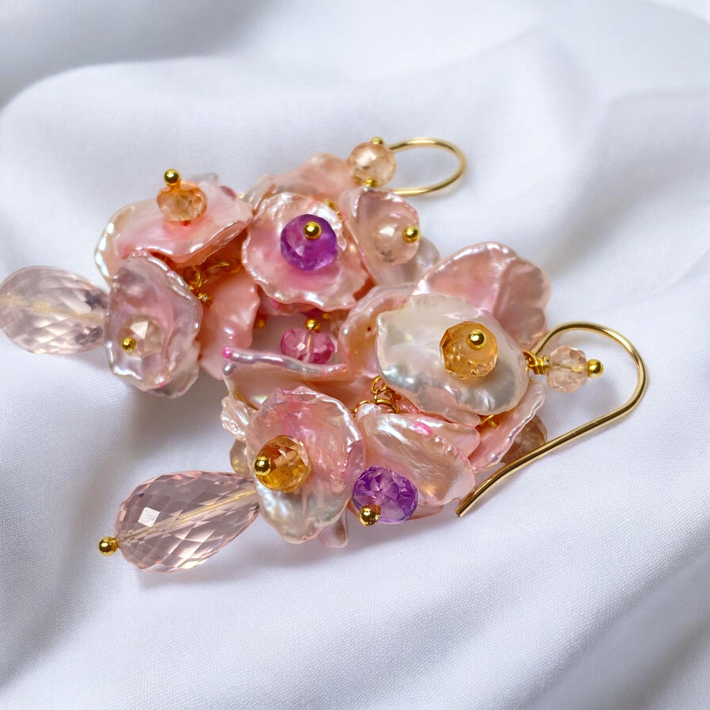 Padparadscha Sapphire Keishi Pearl Dangle Earrings with Rose Quartz Gold Fill - Doolittle