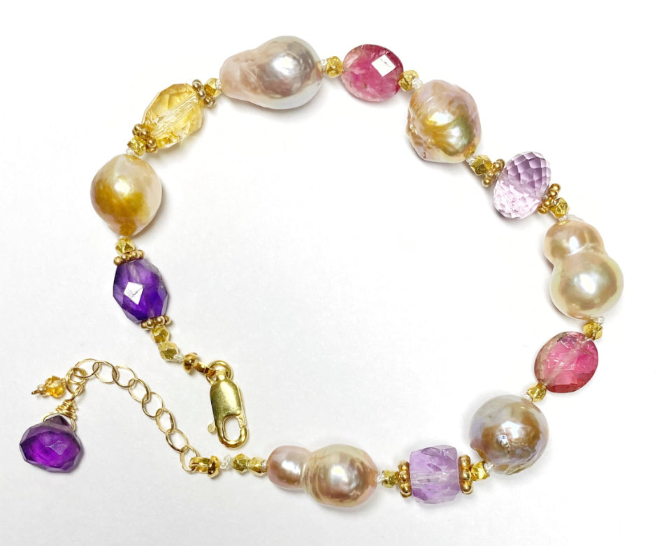 Baroque Pearl and Multi Gemstone Bracelet Gold Fill