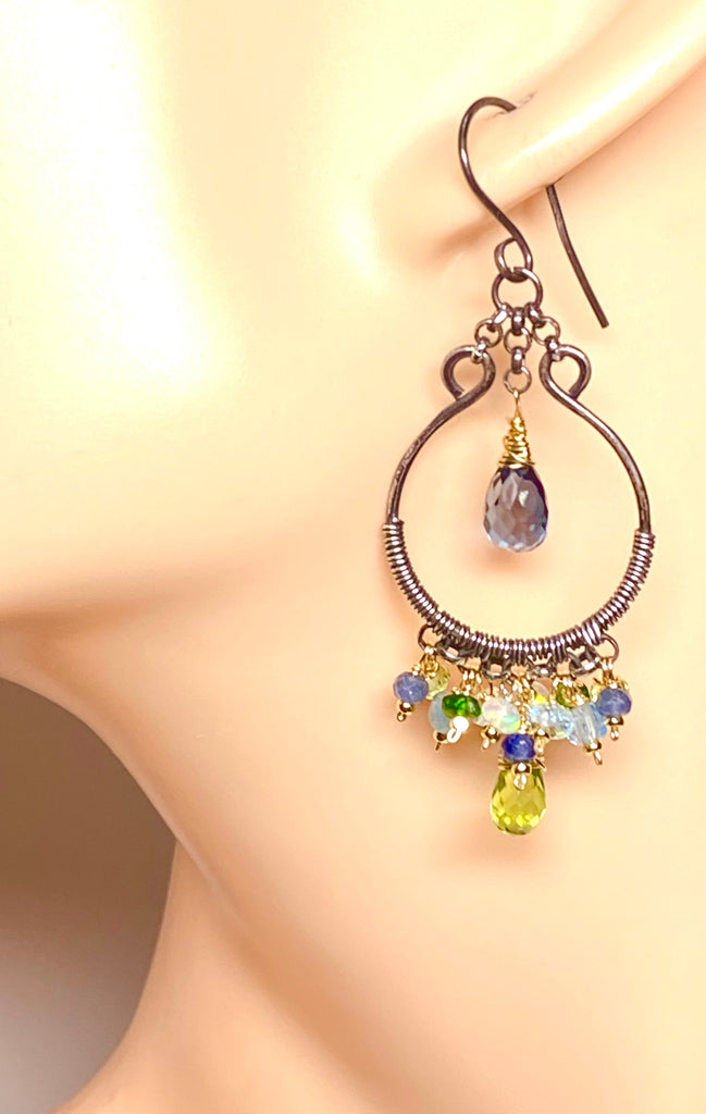London Blue Topaz, Peridot, Oxidized Silver Hoop Chandelier Earrings Mixed Metal