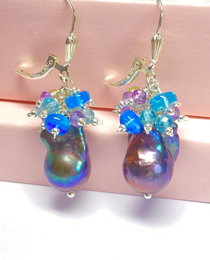 Baroque Peacock Pearl Cluster Earrings, Peridot, Amethyst, Opal, Sterling Silver