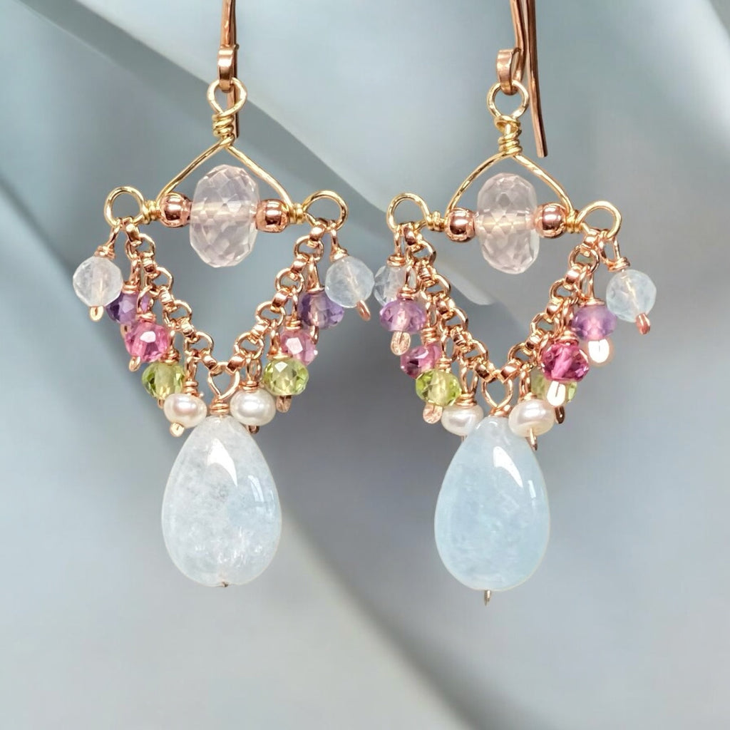 Blue Aquamarine, Rose Quartz, Rose Gold Petite Chandelier Earrings