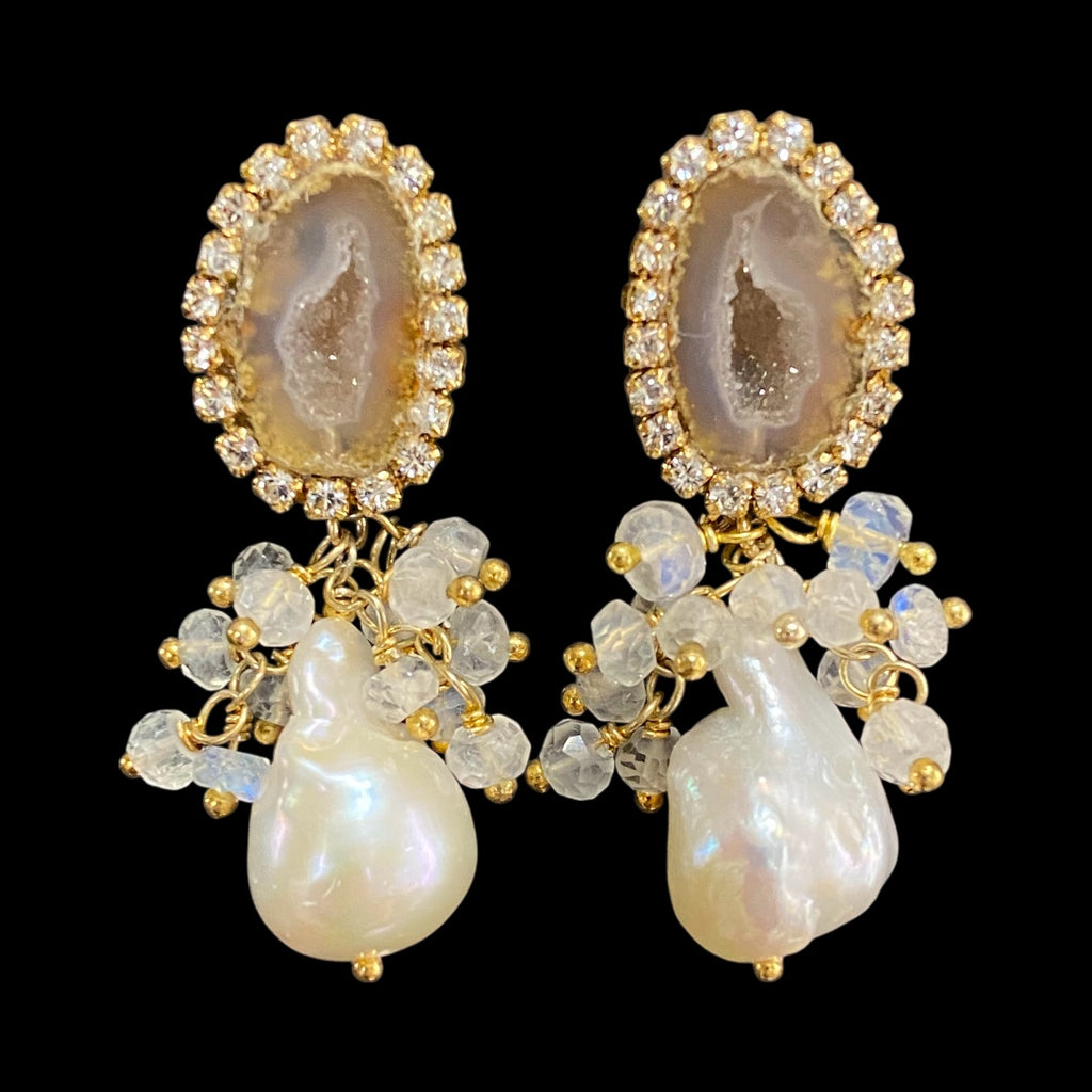 Golden Beige Tabasco Geode and Ivory White Baroque Pearl Earrings