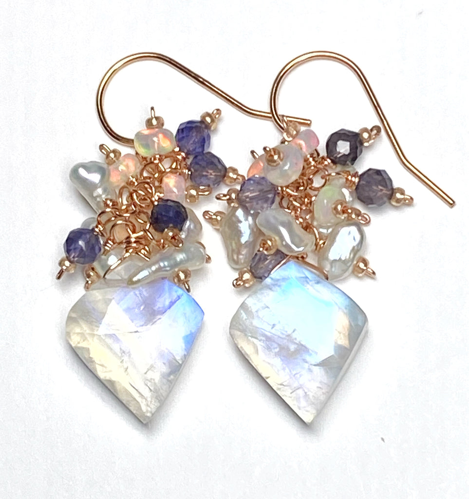 Rainbow Moonstone Fancy Cut Cluster Earrings, Opal, Iolite, Pearl