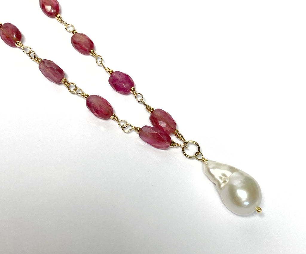 Pink Sapphire Gemstone and Pearl Pendant Necklace, Rosary Style, 14 kt Gold Fill