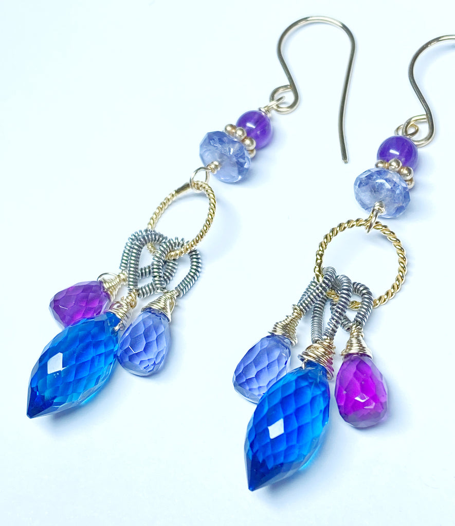 Blue, Purple Chandelier Earrings, Mixed Metals, Iolite, Amethyst, Quartz