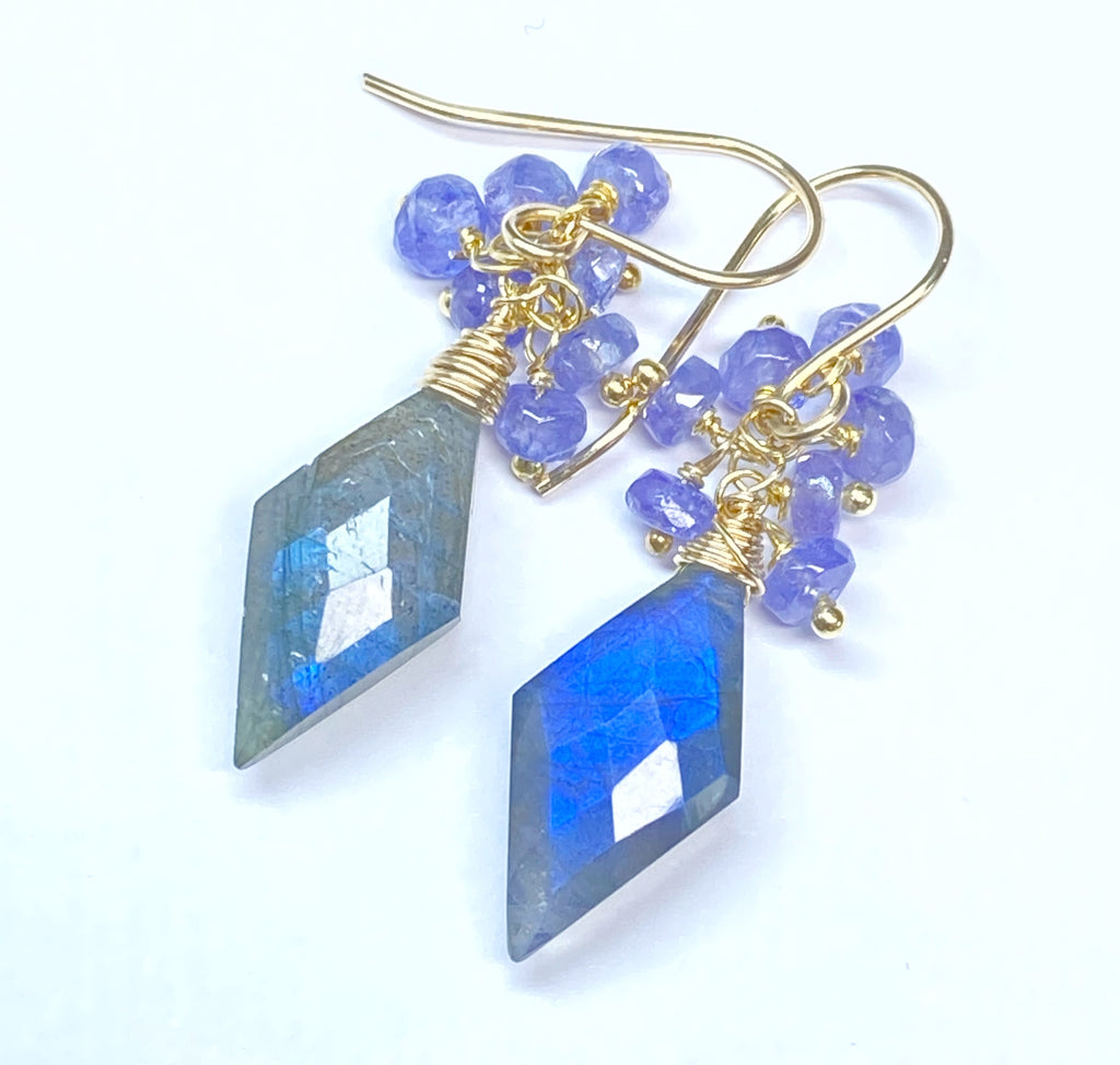 Blue Labradorite Fancy Cut Gem Earrings with Tanzanite Clusters: Gold Fill or Sterling Silver