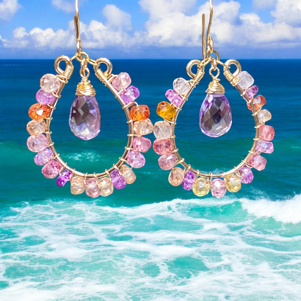 Colorful Gemstone Hoop Earrings:  Padparadscha Sapphire, Amethyst Quartz, Gold Fill, Statement Earrings - Doolittle