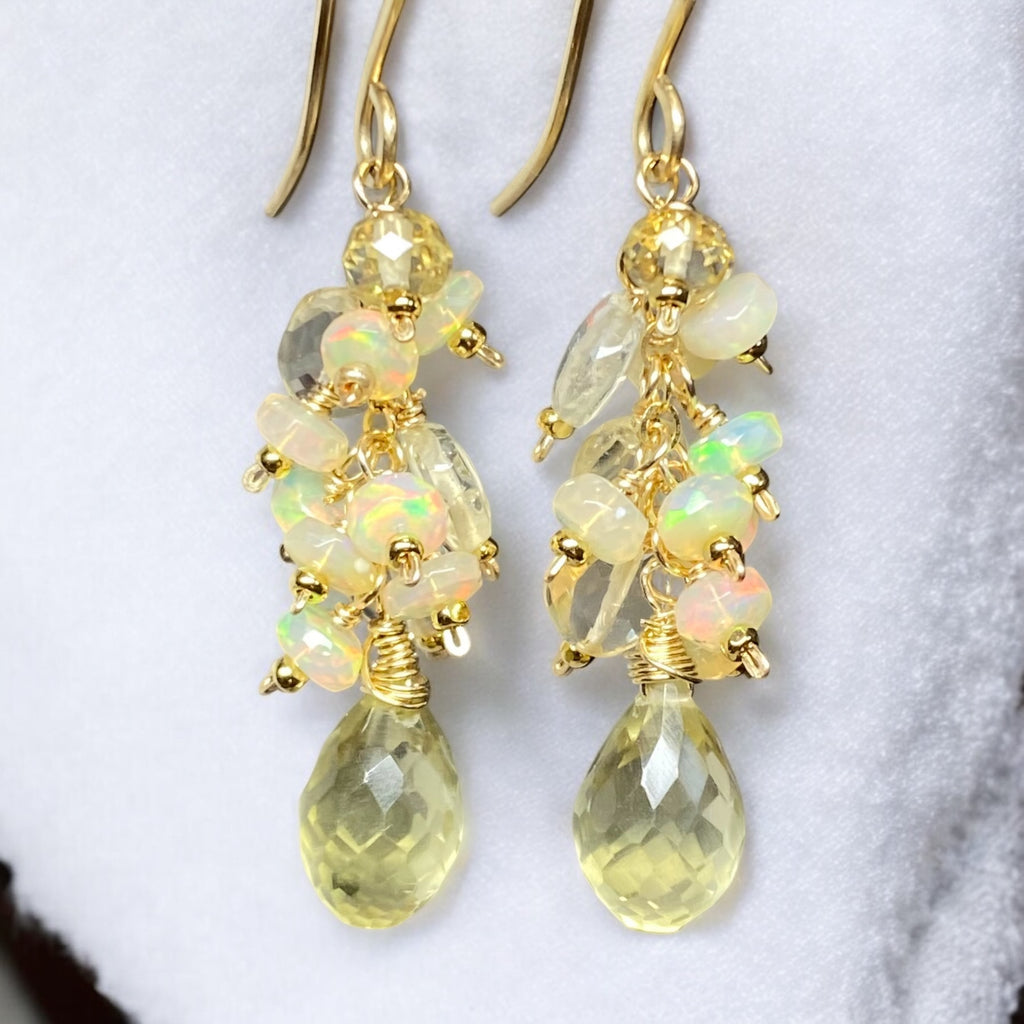 Yellow Lemon Quartz and Ethiopian Opal Dangle Earrings Gold