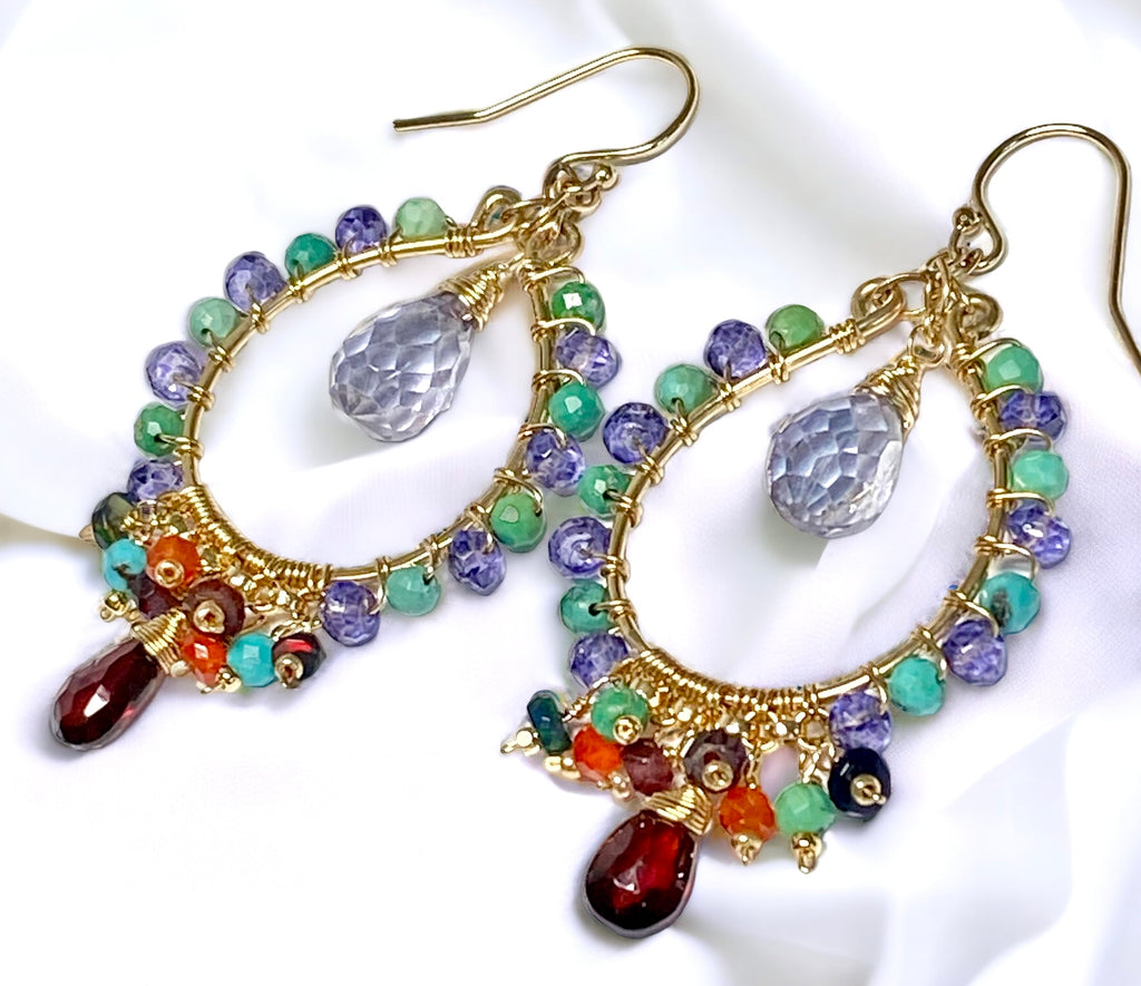 Gold Hoop Chandelier Earrings Iolite, Turquoise, Garnet, Opal