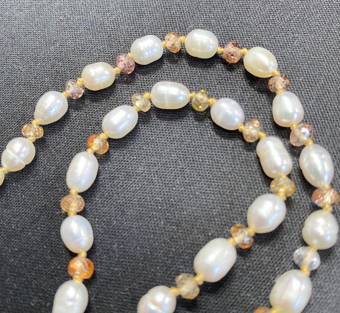 Pearl Necklace with Natural Zircon Gemstones, Silk Knotted, Gold Fill