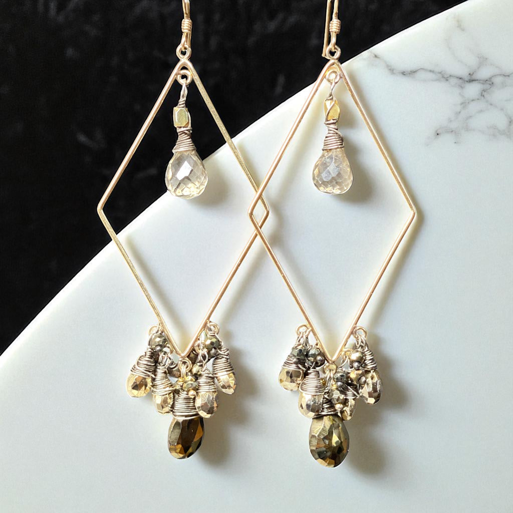 Mixed Metal Statement Hoop Earrings Pyrite Spinel Gemstones Gold Fill