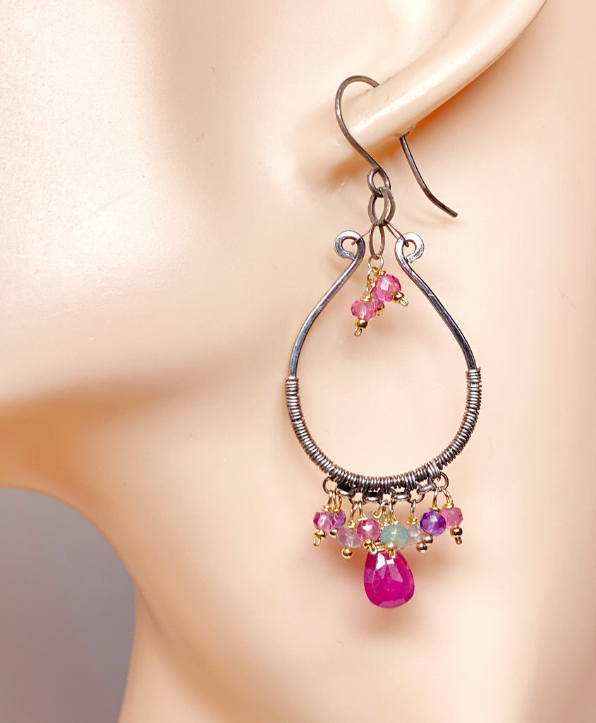 Oxidized Silver Hoop Chandelier Earrings, Pink Sapphire, Mixed Metals