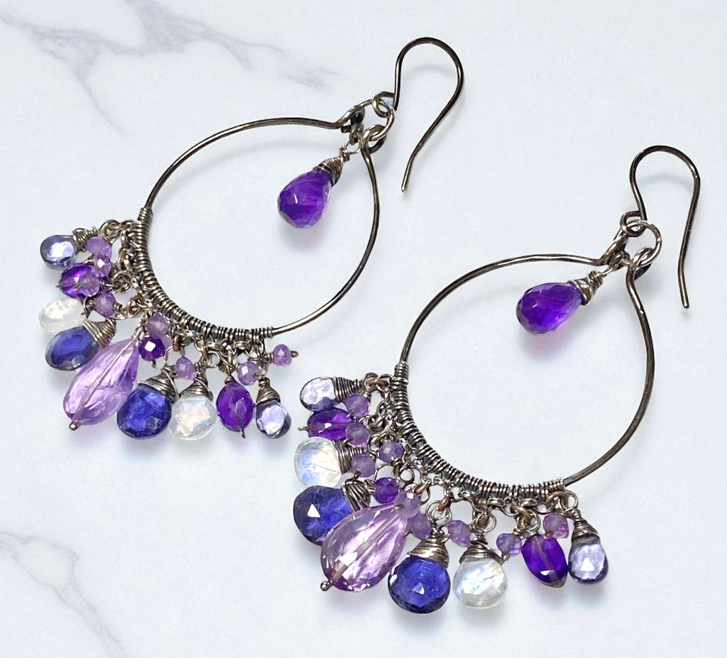 Blue Purple Gemstone Chandelier Hoop Earrings Oxidized Silver 3
