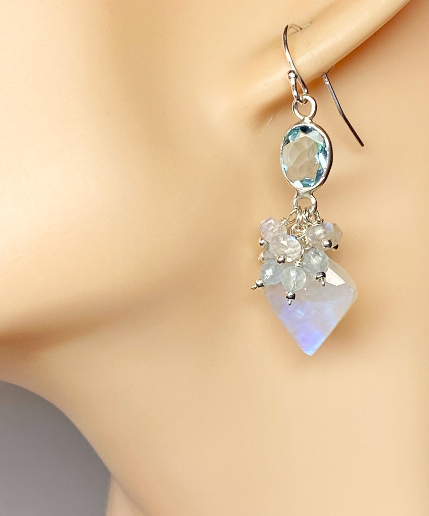 Rainbow Moonstone, Blue Topaz Cluster Dangle Earrings Sterling Silver