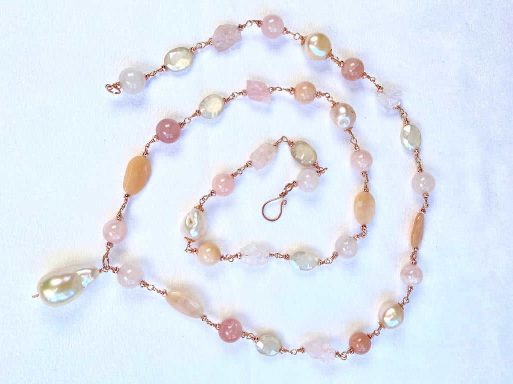 Pink Blush Pearl and Gemstone Long Pendant Necklace Rose Gold Fill Wire Wrap