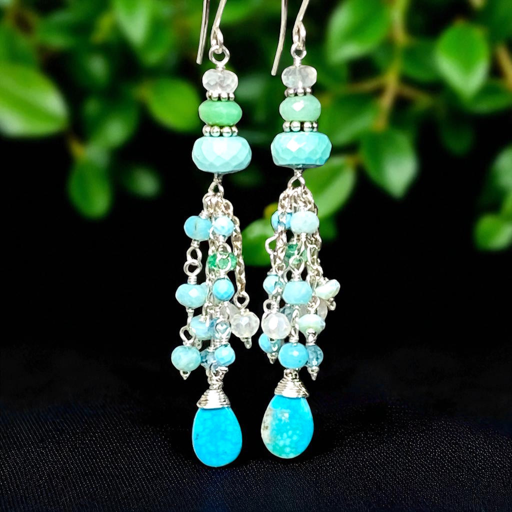 Multi Gemstone Gem Dangle Earrings, Tassel Style, Turquoise, Chrysoprase, Sterling Silver