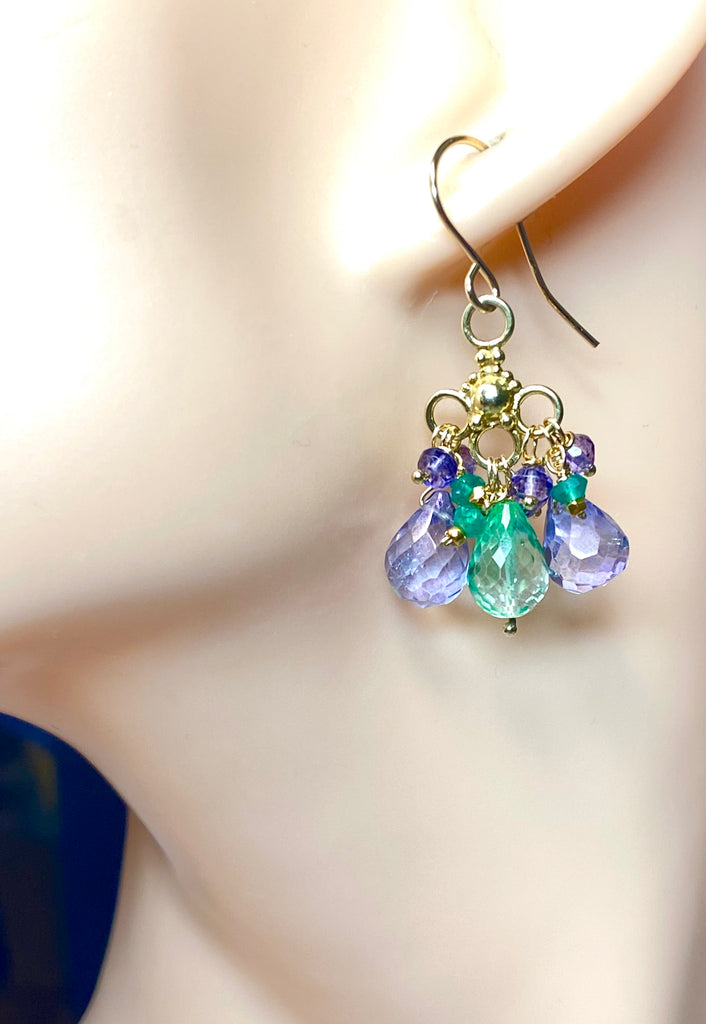 Green Blue Chandelier Earrings with Green Topaz