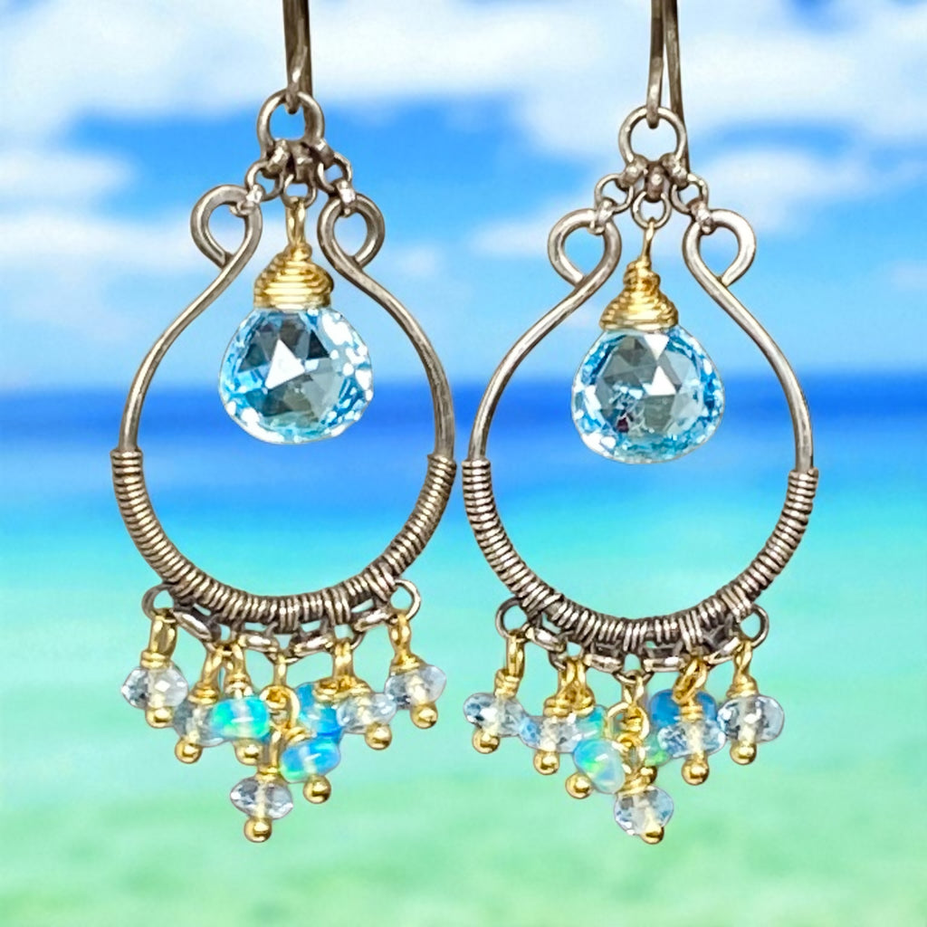 Blue Topaz, Opal, Chandelier Hoop Earrings Oxidized Silver Mixed Metal