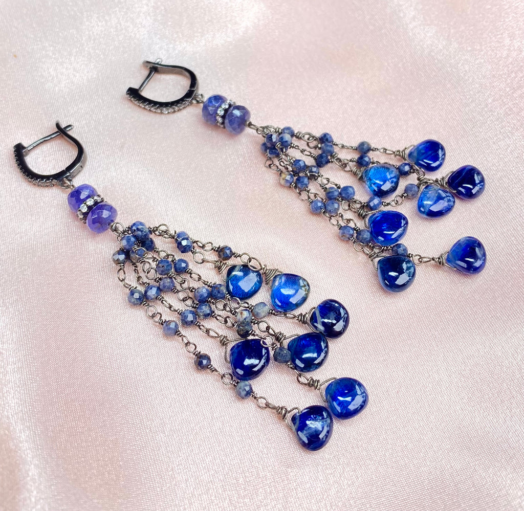 Blue Sapphire Kyanite Boho Tassel Earrings in Oxidized Sterling Silver