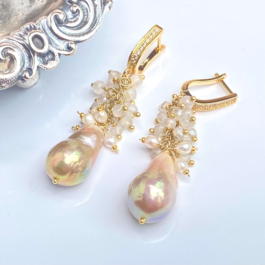 Baroque Flameball Gold Silver Metallic Pearl Earrings with Mystic Crystal Clusters Gold Fill
