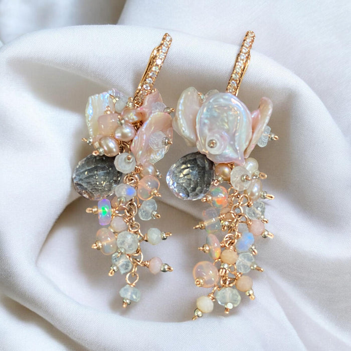 Pink Pearl and Pink Gemstone Long Dangle Earrings Rose Gold Fill - Doolittle