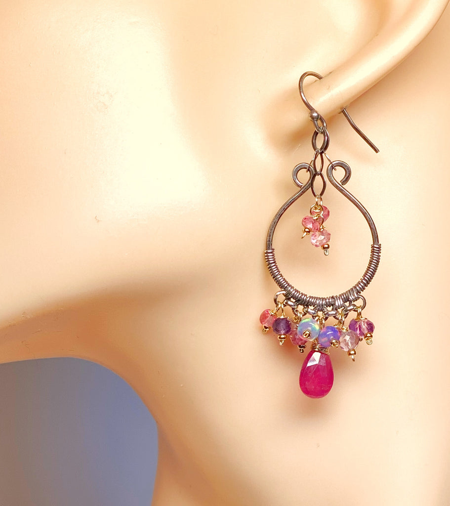 Oxidized Silver Hoop Chandelier Earrings, Pink Sapphire, Mixed Metals 2