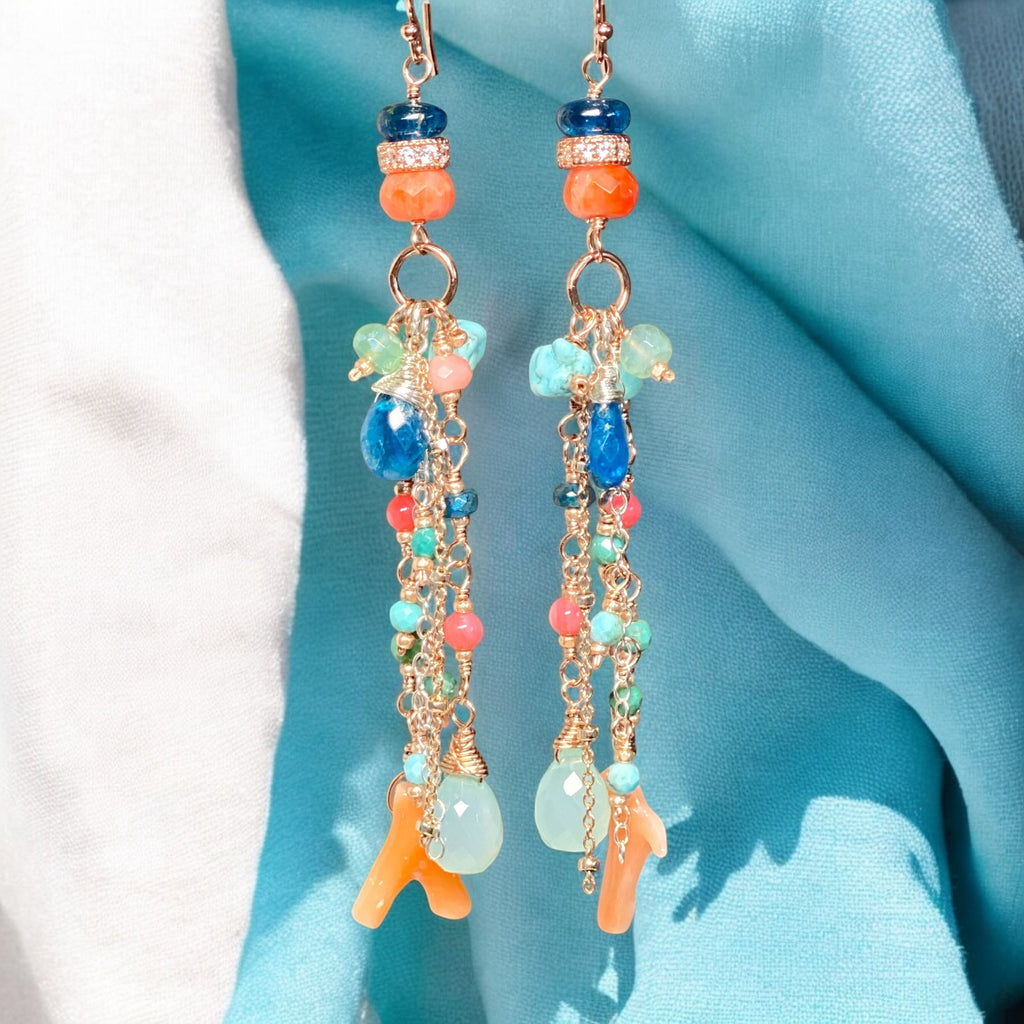 Rose Gold Gemstone Long Boho Dangle Earrings in Turquoise, Coral, Apatite, Aqua