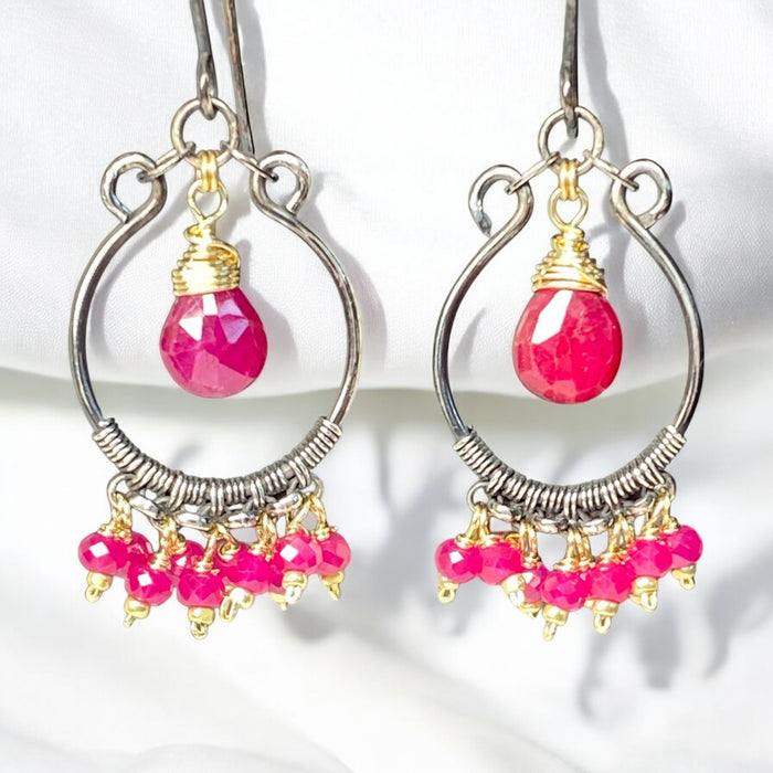 Red Ruby Mixed Metal Chandelier Hoop Earrings