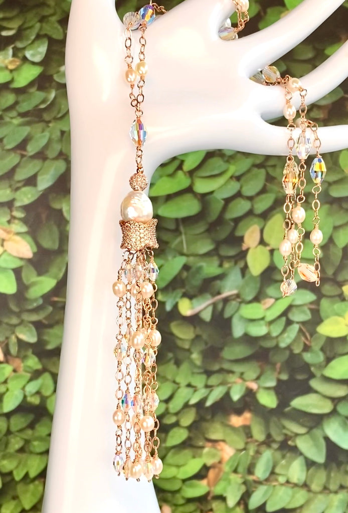 Rose Gold, Pearl and Crystal Tassel Necklace