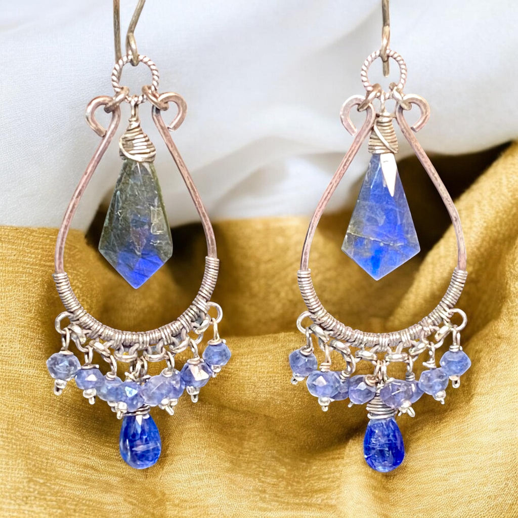 Blue Gemstone Statement Chandelier Earrings Oxidized Sterling Silver Blue Labradorite, Iolite, Kyanite - Doolittle