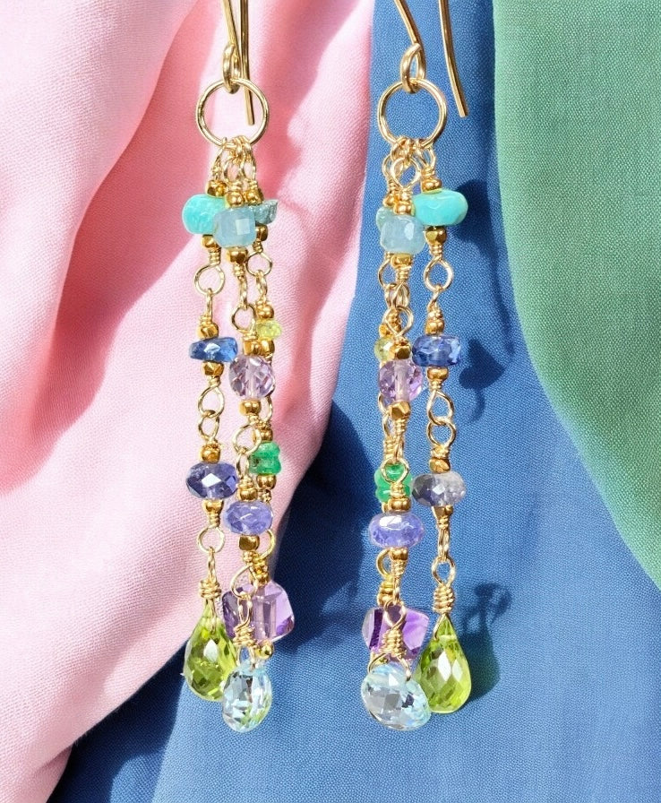 Peridot, Blue Topaz, Amethyst, Multi Gemstone Dangle Earrings