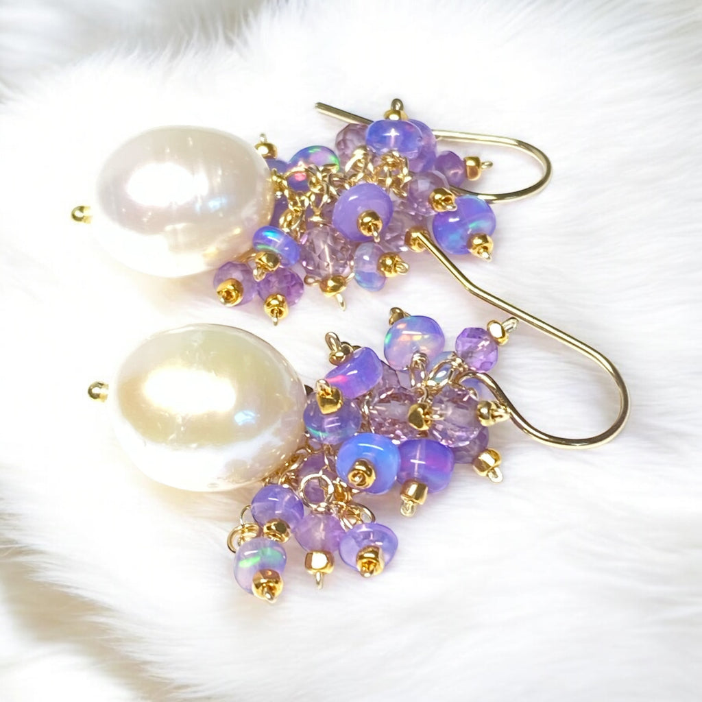 Lavender Blue Opal and Pearl Cluster Earrings, Gold Fill