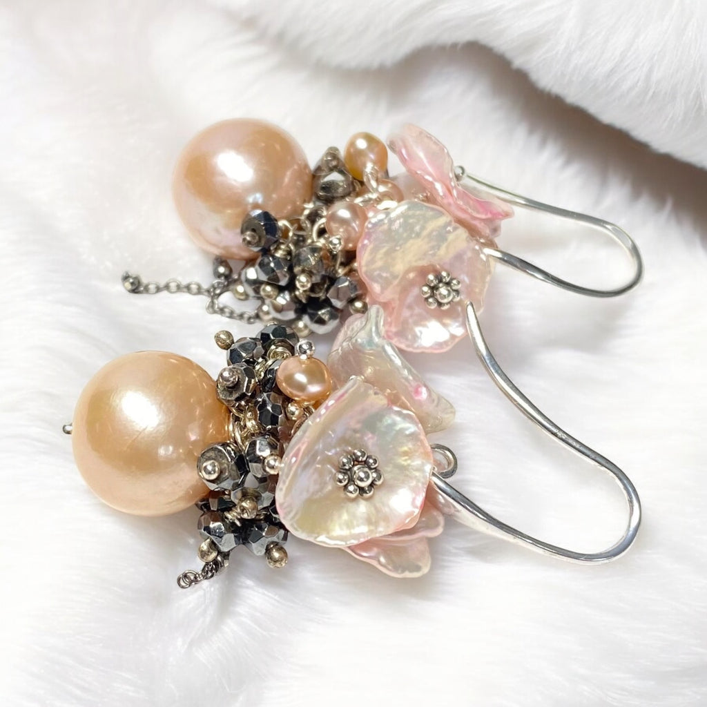 Pink Edison Pearl Cluster Earrings Blush Pink Keishi and Black Pyrite, French Style