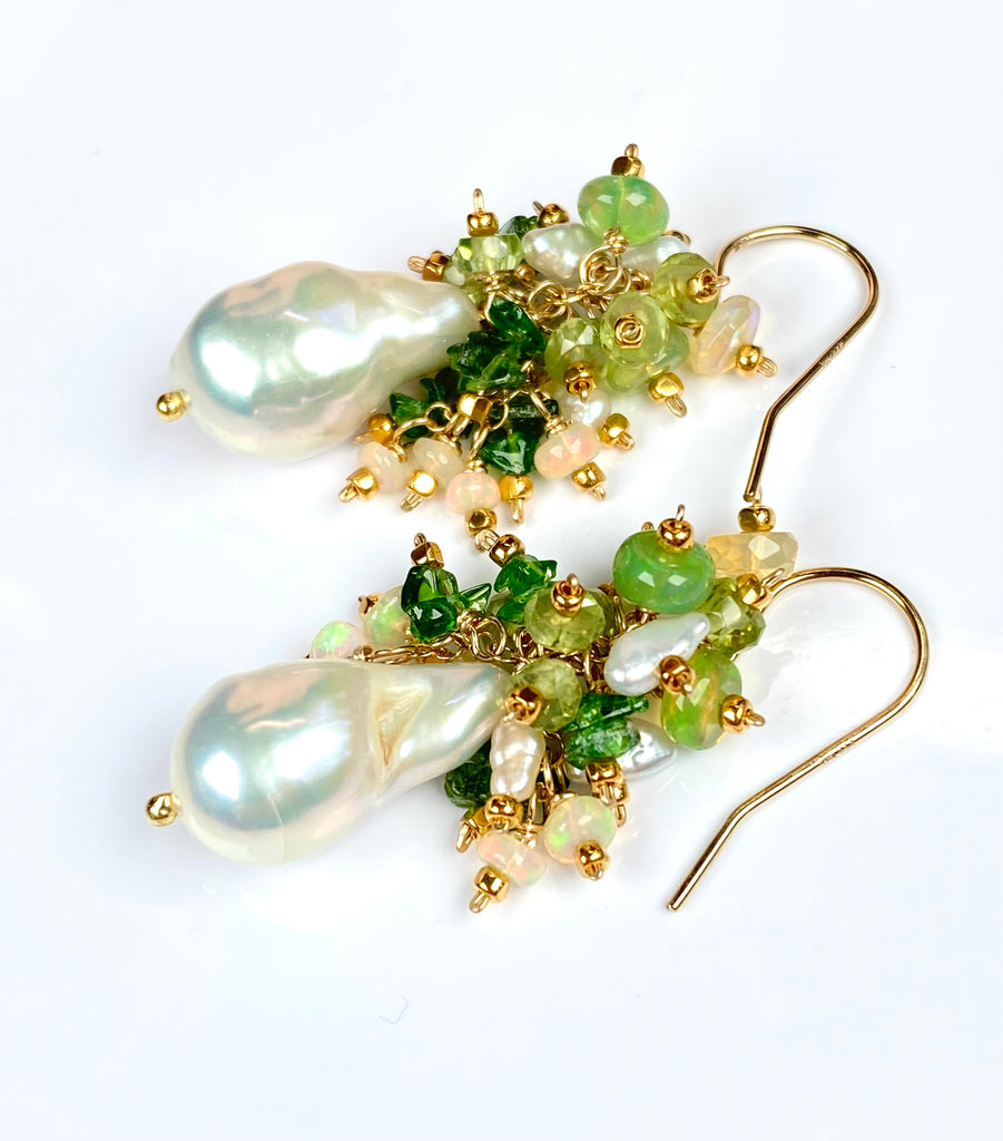 Green Ethiopian Opal, Peridot & Flameball Pearl Cluster Earrings