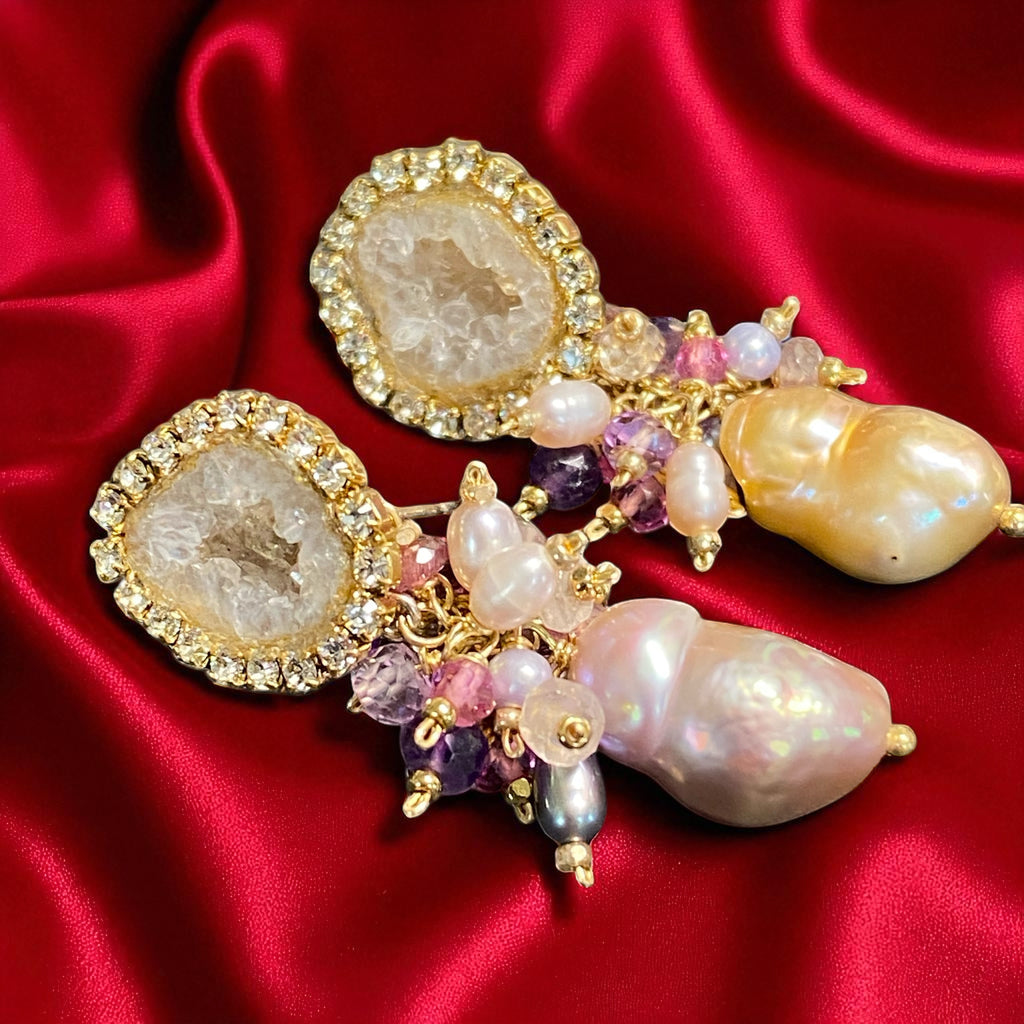 Tabasco Geode and Pink Baroque Pearl Cluster Post Earrings
