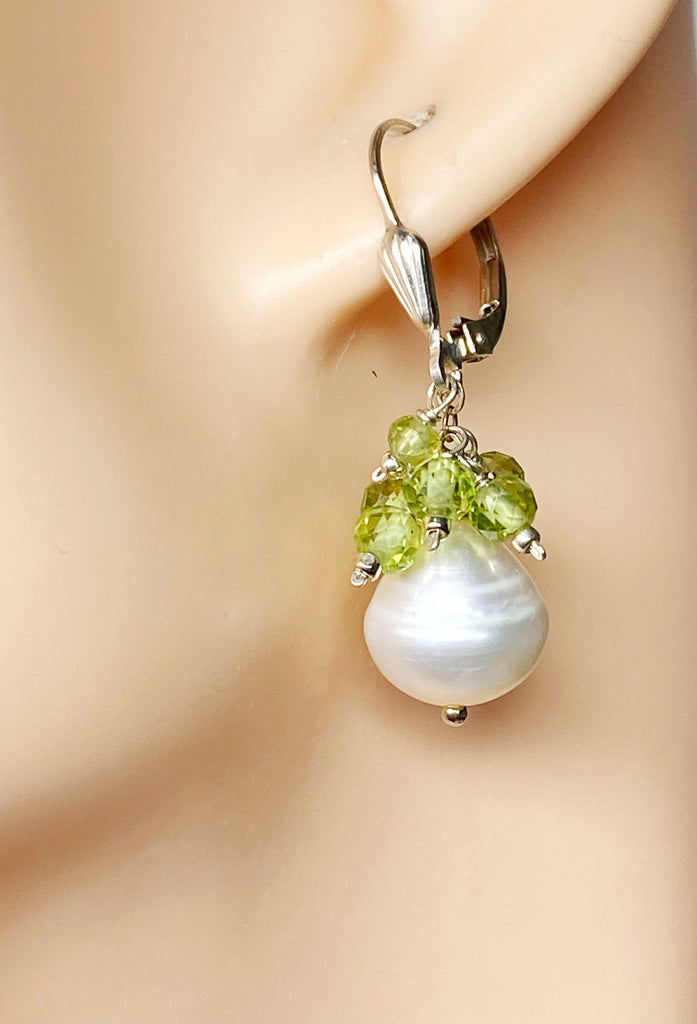 Peridot and Pearl Cluster Earrings, Sterling Silver