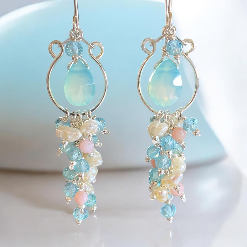 Aqua Chalcedony Gemstone Chandelier Hoop Tassel Earrings Sterling Silver — Apatite, Keishi Pearl, Pink Opals