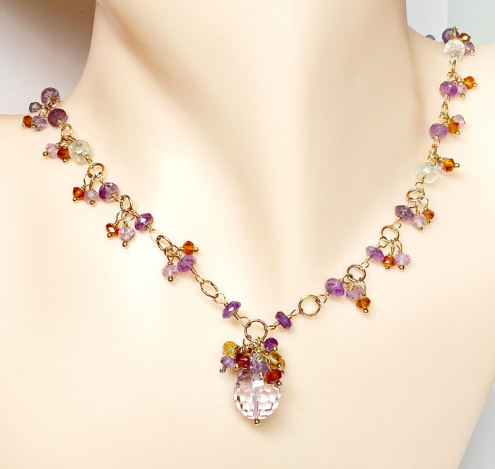 Amethyst and Multi Gemstone Gold Fill Dangle Necklace Rosary Style