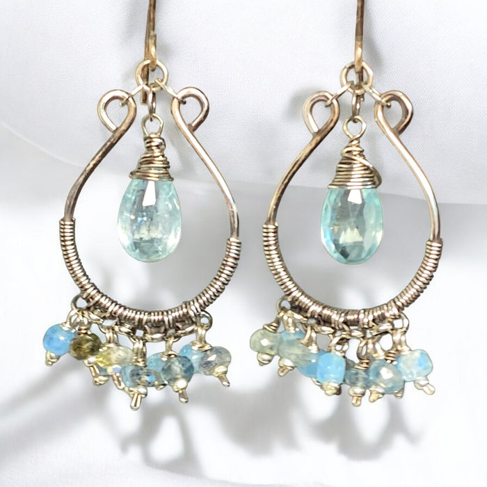 Aquamarine Oxidized Sterling Silver Hoop Chandelier Earrings