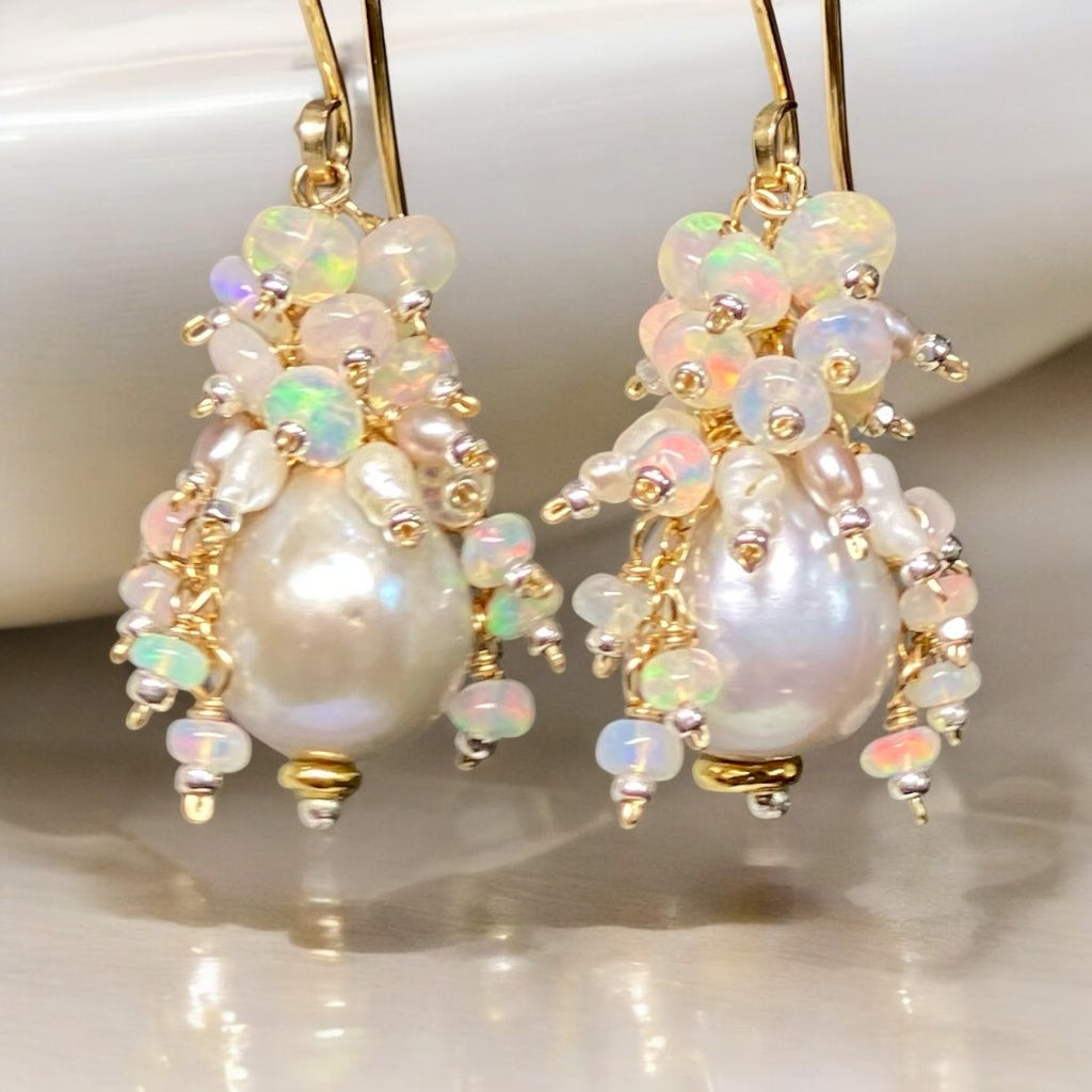 Silver Edison Pearl Ethiopian Opal Cluster Earrings, Mixed Metals