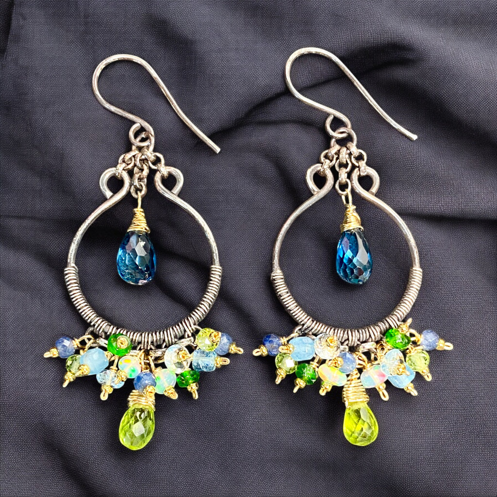 London Blue Topaz, Peridot, Oxidized Silver Hoop Chandelier Earrings Mixed Metal