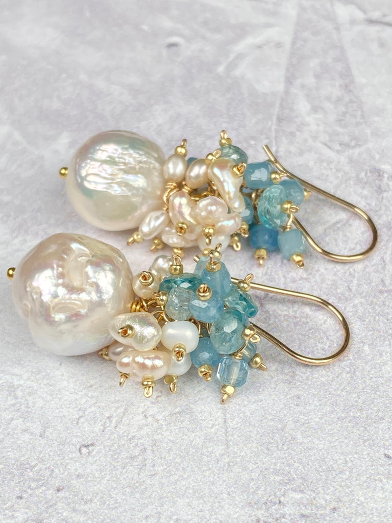 Blue Zircon Pearl Cluster Earrings Gold Post