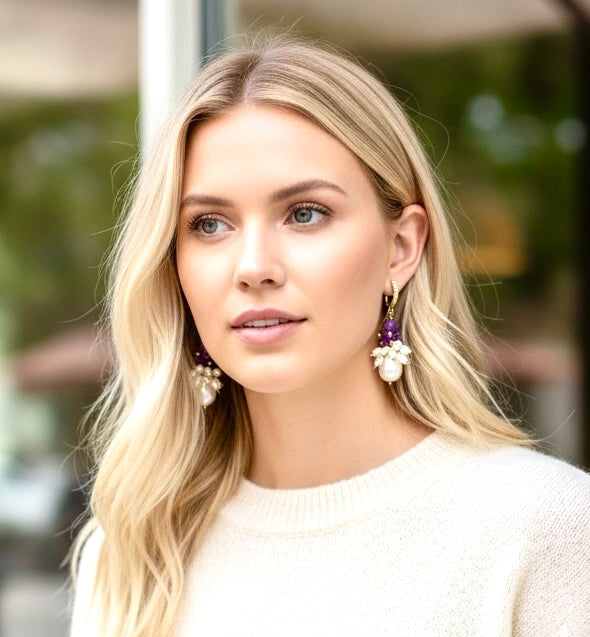 Amethyst Cluster Ivory Baroque Pearl Earrings - Doolittle