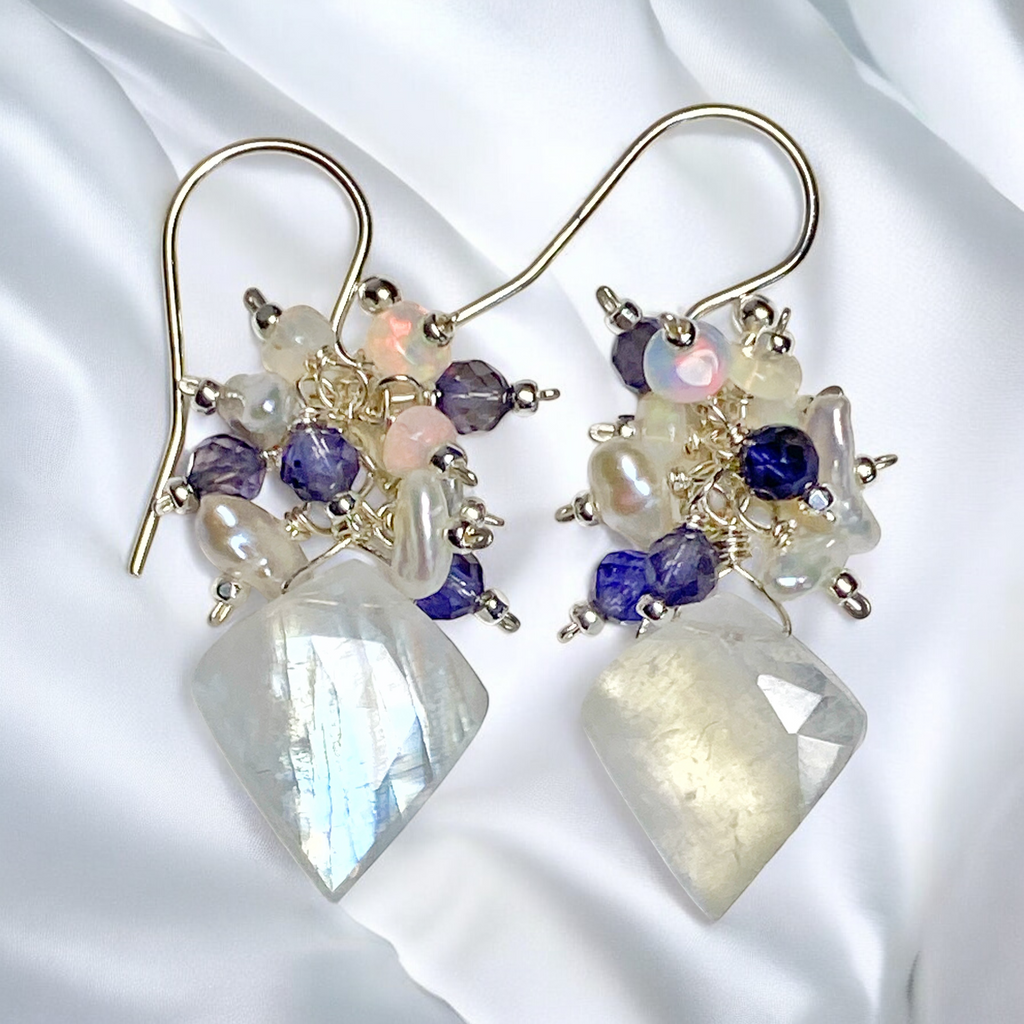 Rainbow Moonstone Fancy Cut Cluster Earrings, Opal, Iolite, Pearl